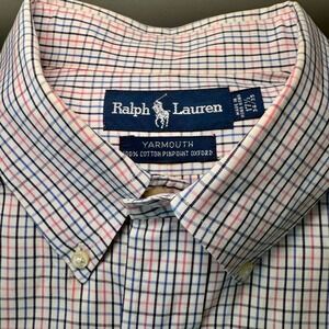 Ralph Lauren Yarmouth Button Down Shirt Men 17.5 34/35 Pink Blue Plaid Oxford